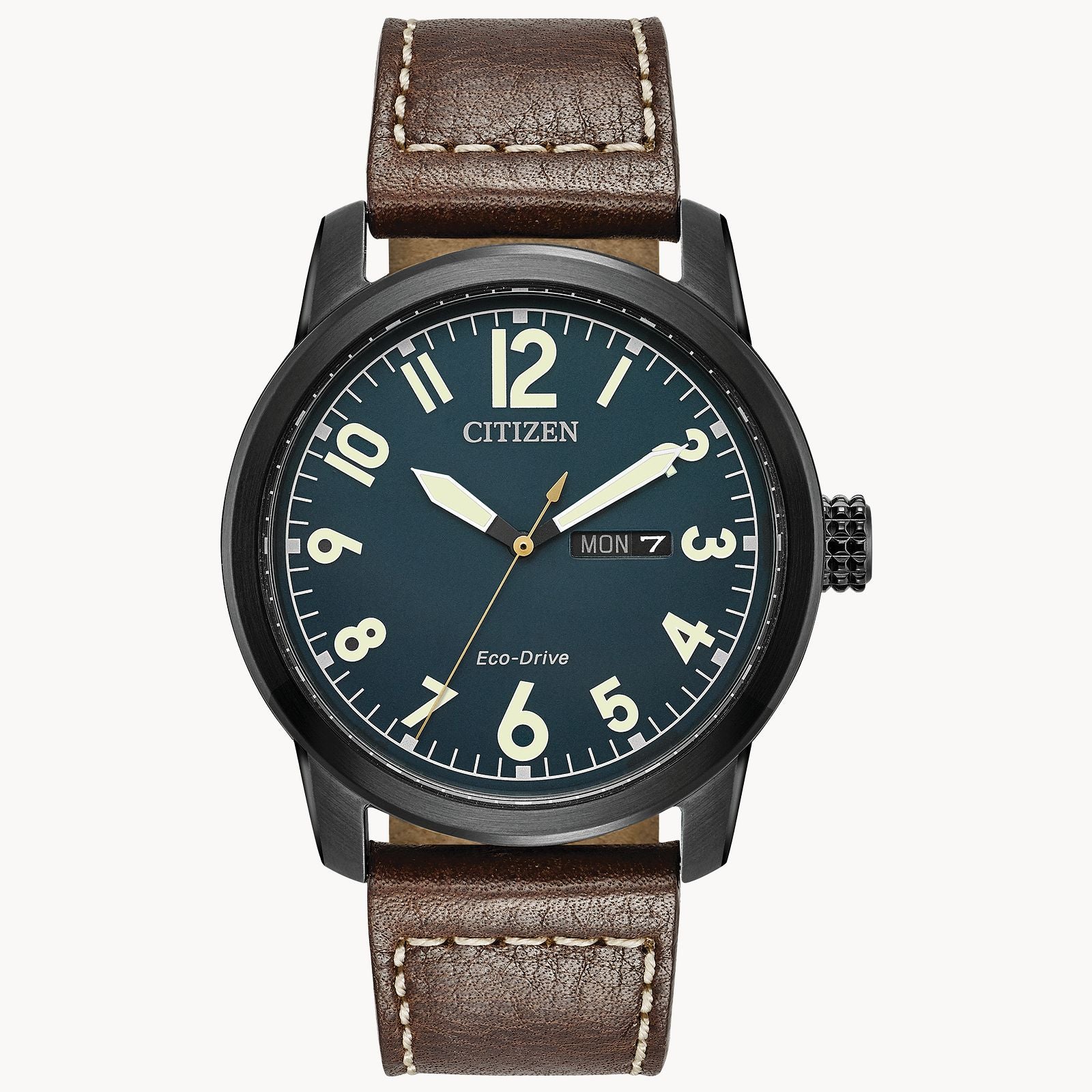 The Citizen Watch - Chandler - BM8478-01L features a black round dial with white numerals, brown leather strap, day-date display, luminous hands, and military-inspired design. "Citizen" branding sits just below the 12 o’clock mark.