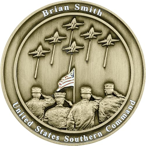 The Citizen Watch - Military Commemorative Box Set - BM8570-09E features a coin with five saluting soldiers, a waving U.S. flag, six jets, and text: Brian Smith (top) and United States Southern Command (bottom)—a true Citizen tribute.