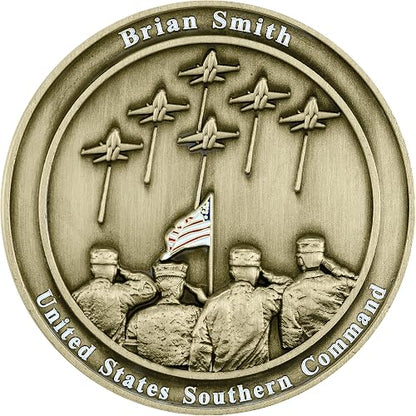 The Citizen Watch - Military Commemorative Box Set - BM8570-09E features a coin with five saluting soldiers, a waving U.S. flag, six jets, and text: Brian Smith (top) and United States Southern Command (bottom)—a true Citizen tribute.