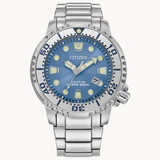 The Citizen Watch - Promaster Dive - BN0165-55L features a stainless steel case, blue dial, luminous markers, rotating bezel, and silver metal bracelet with “DIVER’S 200m” on the face—a reliable dive watch from Citizen.