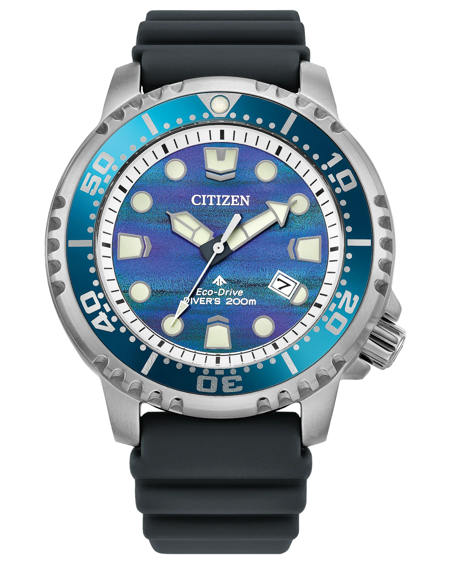The Citizen Promaster Diver Limited Edition (BN0167-09W) features a blue textured dial, silver markers, turquoise/silver bezel, black rubber strap, date at 4 o'clock, is ISO-compliant and water resistant to 200m with Eco-Drive technology.