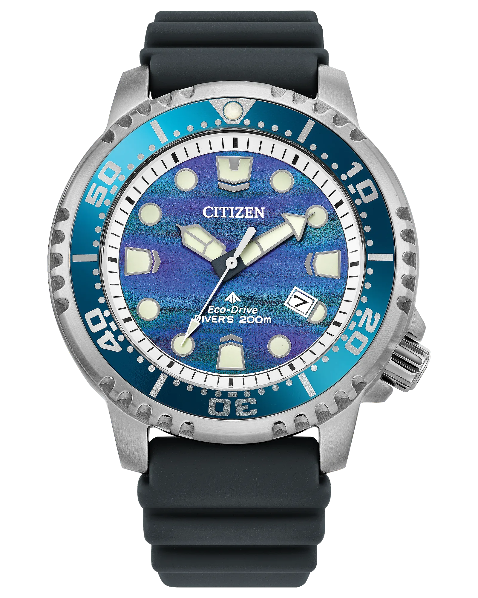 The Citizen Promaster Diver Limited Edition (BN0167-09W) features a blue textured dial, silver markers, turquoise/silver bezel, black rubber strap, date at 4 o'clock, is ISO-compliant and water resistant to 200m with Eco-Drive technology.
