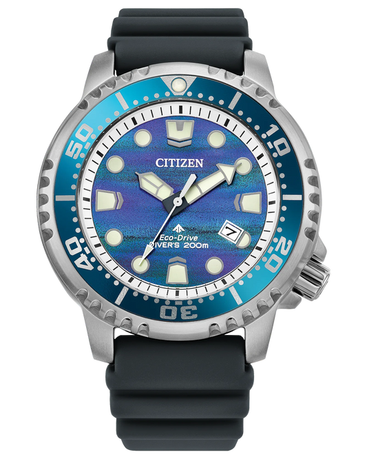 The Citizen Promaster Diver Limited Edition (BN0167-09W) features a blue textured dial, silver markers, turquoise/silver bezel, black rubber strap, date at 4 o'clock, is ISO-compliant and water resistant to 200m with Eco-Drive technology.
