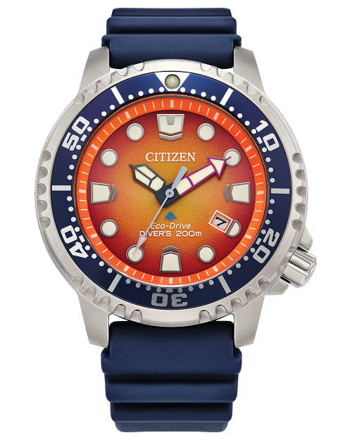 The Citizen Watch - Promaster Dive - BN0169-03X by Citizen features a blue bezel, orange-yellow gradient dial, bold white hour markers, blue rubber strap, date at 4 o'clock, and large luminous hands for easy reading underwater.