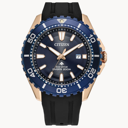 The Citizen Promaster Dive BN0196-01L features a blue and gold-tone bezel, bold white markers, date at 3 o’clock on a blue dial, black rubber strap, and is water-resistant to 200m.