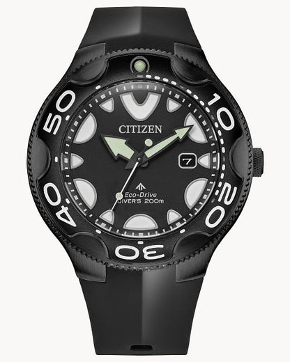 The Citizen Watch - Promaster Dive - BN0235-01E by Citizen features a black round face, oversized white markers, a date window at 3 o’clock, rotating bezel with large numerals, and is water resistant to 200 meters.