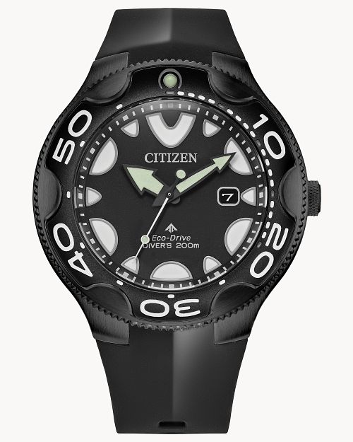 The Citizen Watch - Promaster Dive - BN0235-01E by Citizen features a black round face, oversized white markers, a date window at 3 o’clock, rotating bezel with large numerals, and is water resistant to 200 meters.