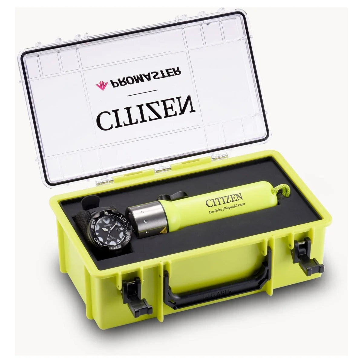 A yellow Citizen hard case with an open lid displays the black Citizen Promaster Dive BN0235-01E watch and a yellow water bottle, both in custom compartments—ideal companions for your next scuba diving adventure.