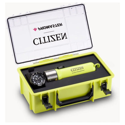 A yellow Citizen hard case with an open lid displays the black Citizen Promaster Dive BN0235-01E watch and a yellow water bottle, both in custom compartments—ideal companions for your next scuba diving adventure.