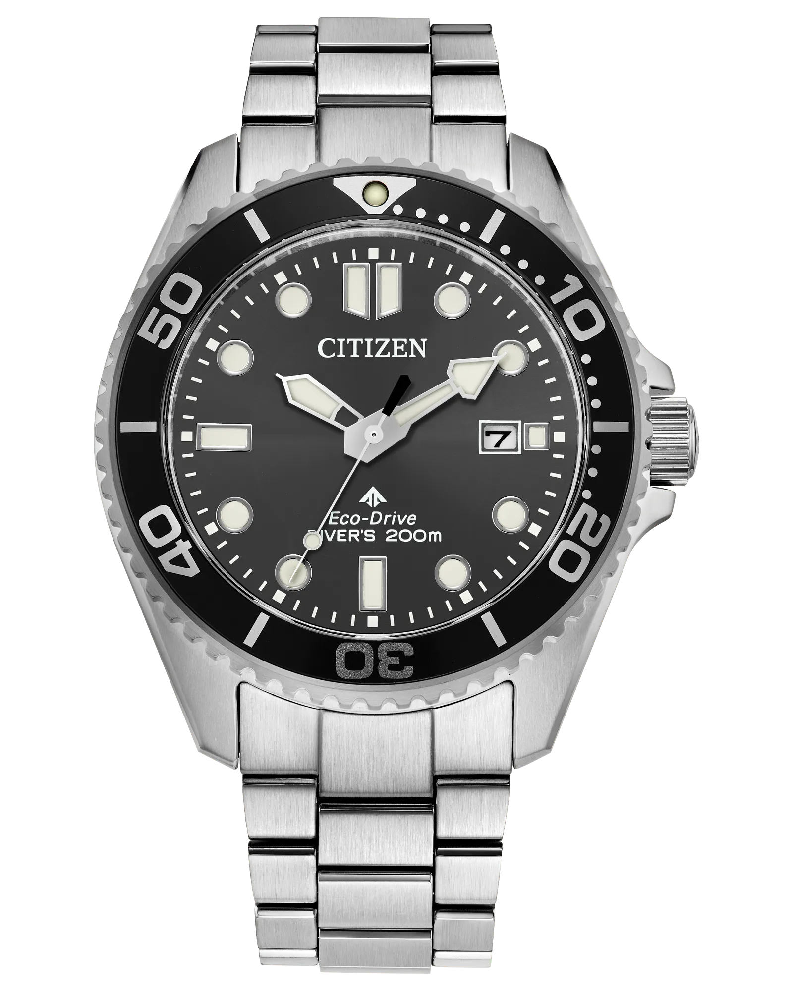 The Citizen Promaster Diver BN0261-51E is a stainless steel dive watch with a black bezel, black dial, luminous markers and hands, date at 3 o’clock, metal bracelet, and displays "Citizen" and "Eco-Drive Diver’s 200m" on the dial.