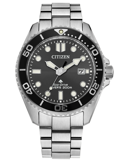 The Citizen Promaster Diver BN0261-51E is a stainless steel dive watch with a black bezel, black dial, luminous markers and hands, date at 3 o’clock, metal bracelet, and displays "Citizen" and "Eco-Drive Diver’s 200m" on the dial.