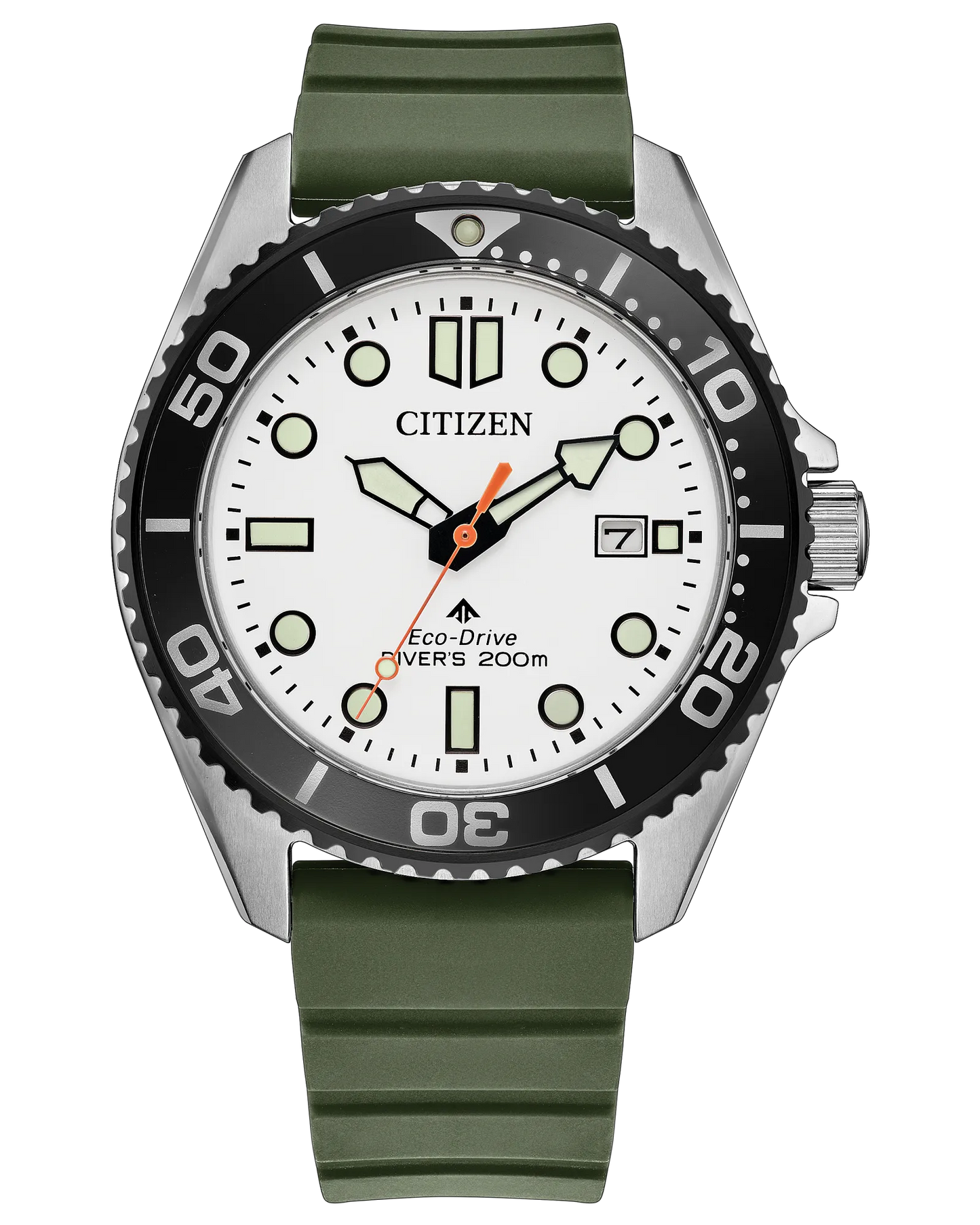 Introducing the Citizen Watch - Promaster Dive - BN0265-00A by Citizen, an ISO-certified dive watch powered by Eco-Drive technology. This stylish timepiece features a striking white dial, black bezel, and a bold green rubber strap, complemented by a date display at the 3 o’clock position. The black and orange hands, along with luminescent markers, ensure excellent underwater visibility. With water resistance up to 200 meters, this watch is perfect for both everyday style and serious diving adventures.