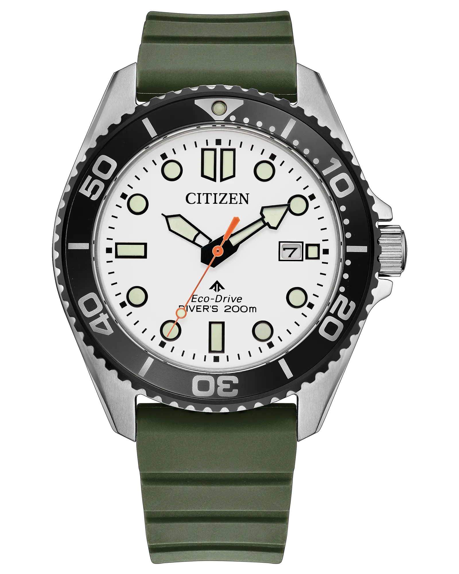 Introducing the Citizen Watch - Promaster Dive - BN0265-00A by Citizen, an ISO-certified dive watch powered by Eco-Drive technology. This stylish timepiece features a striking white dial, black bezel, and a bold green rubber strap, complemented by a date display at the 3 o’clock position. The black and orange hands, along with luminescent markers, ensure excellent underwater visibility. With water resistance up to 200 meters, this watch is perfect for both everyday style and serious diving adventures.