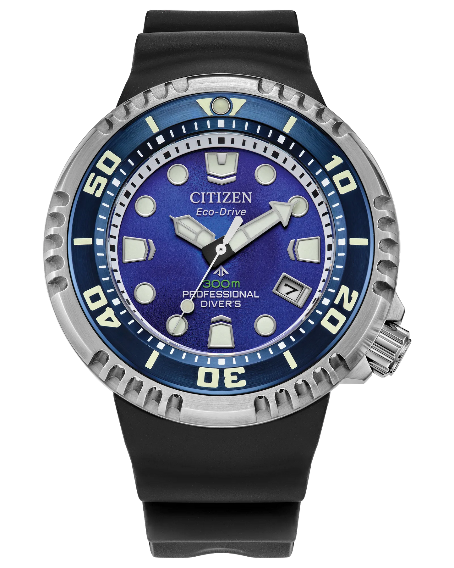 The Citizen Promaster Dive E365 (BN1025-08L) features a blue dial, large luminous markers, silver bezel, and black rubber strap. Water-resistant to 300 meters—ideal for serious divers.
