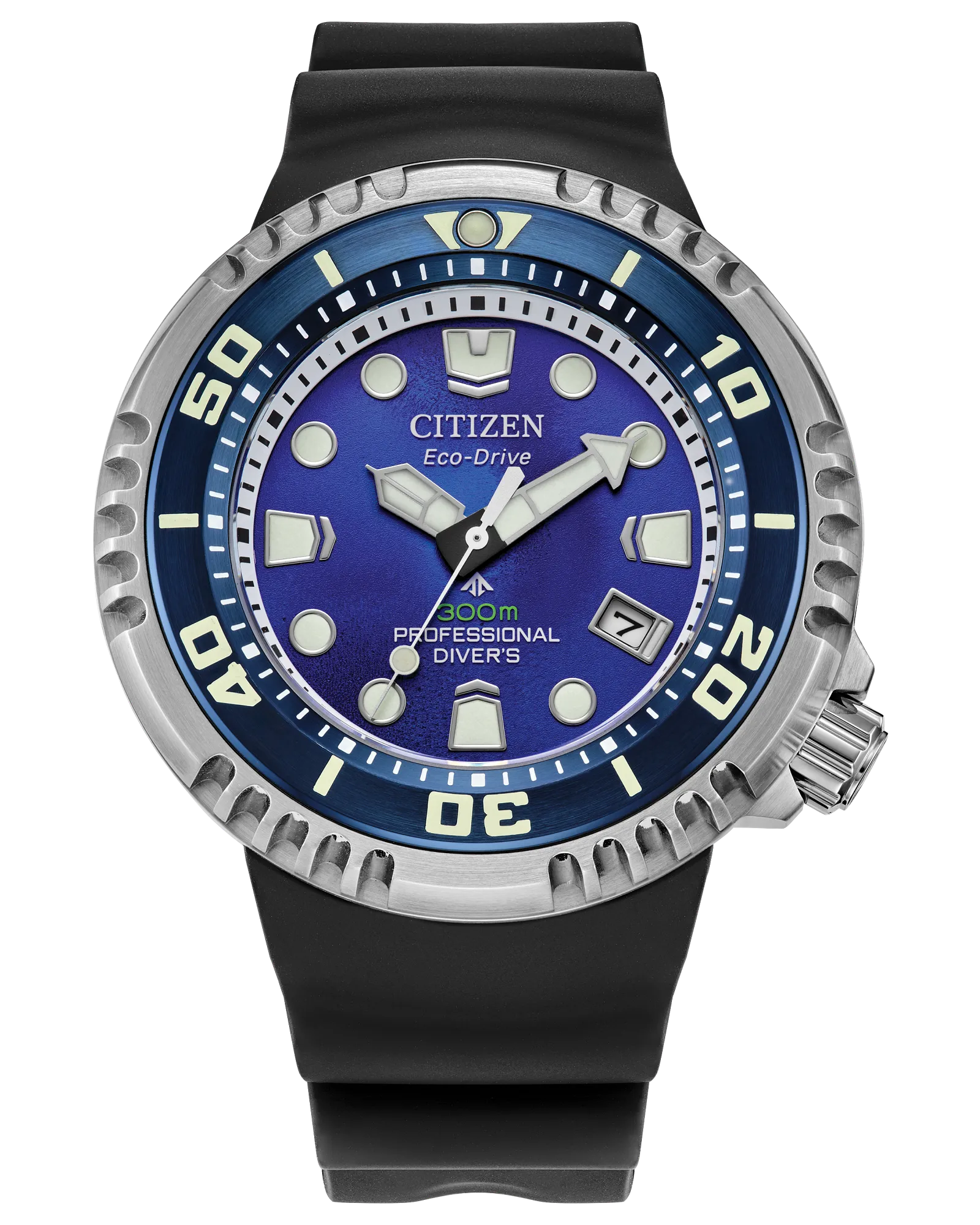 The Citizen Promaster Dive E365 (BN1025-08L) features a blue dial, large luminous markers, silver bezel, and black rubber strap. Water-resistant to 300 meters—ideal for serious divers.