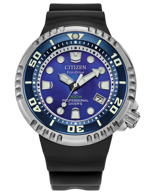 The Citizen Promaster Dive E365 (BN1025-08L) features a blue dial, large luminous markers, silver bezel, and black rubber strap. Water-resistant to 300 meters—ideal for serious divers.