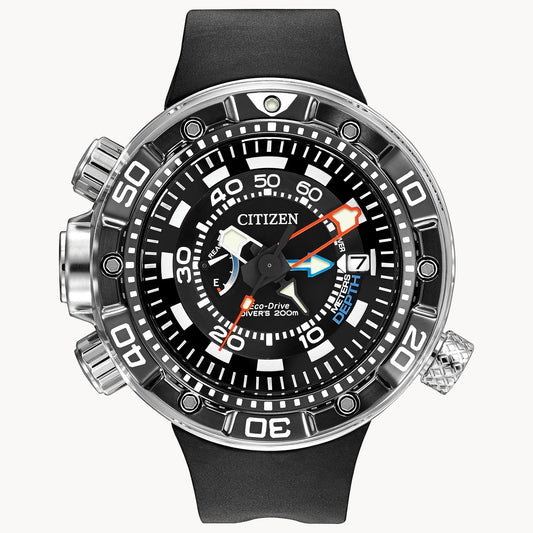 The Citizen Promaster Aqualand BN2029-01E features a black dial with bold white markers, date window at 3 o’clock, black rubber strap, and a large metal crown with two side buttons.