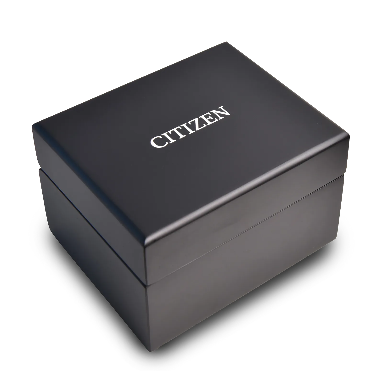 A black rectangular Citizen watch box with CITIZEN in white on the lid, ideal for gifting the Citizen Watch - ATTESA Brown Dial Super Titanium (CC4074-61W), displayed against a plain background.