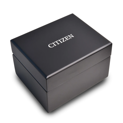 A black rectangular Citizen watch box with CITIZEN in white on the lid, ideal for gifting the Citizen Watch - ATTESA Brown Dial Super Titanium (CC4074-61W), displayed against a plain background.