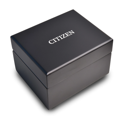 A black rectangular box with CITIZEN in white on the lid, hinting at the advanced ATTESA Red Dial Super Titanium (CC4077-71Z) watch inside, sits against a plain white background.