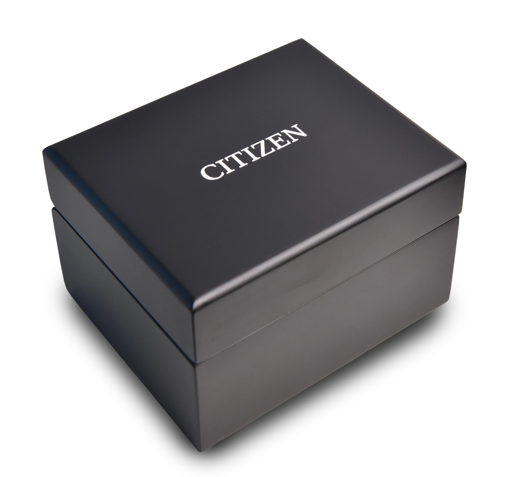 A black rectangular box with CITIZEN in white on the lid, set against a white background—ideal for presenting the Citizen ATTESA F950 LIGHT in BLACK (CC4078-51E) chronograph watch.