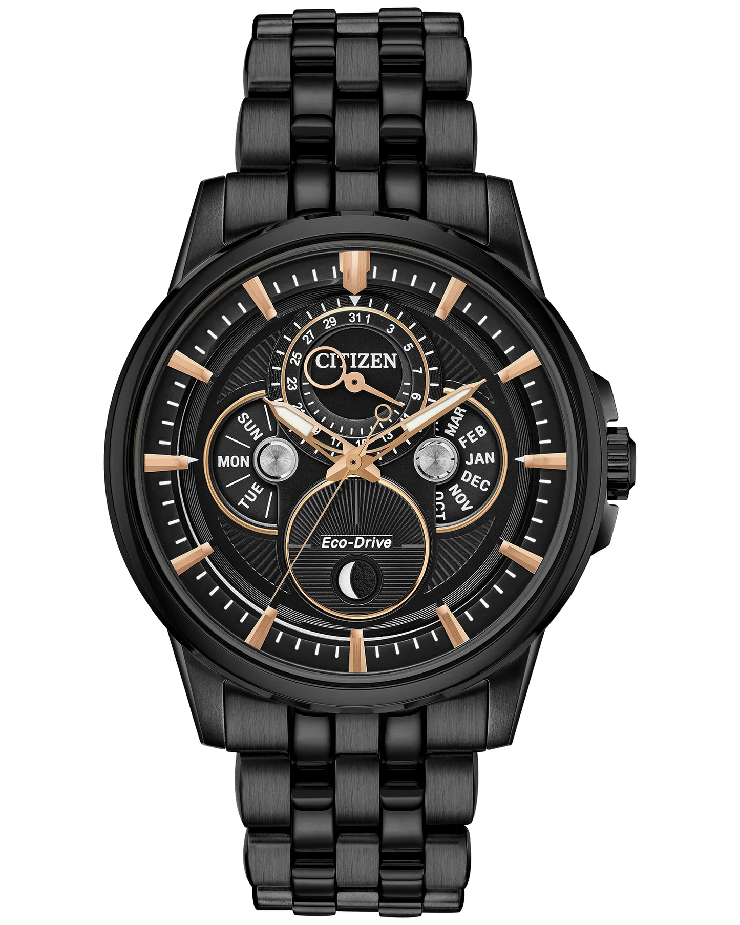 The Citizen Watch - Calendrier (BU0057-54E) is a men’s black stainless steel Eco-Drive watch with gold accents, multiple subdials for day, date, and month, bold hour markers, a textured dial center, and a black metal link band.