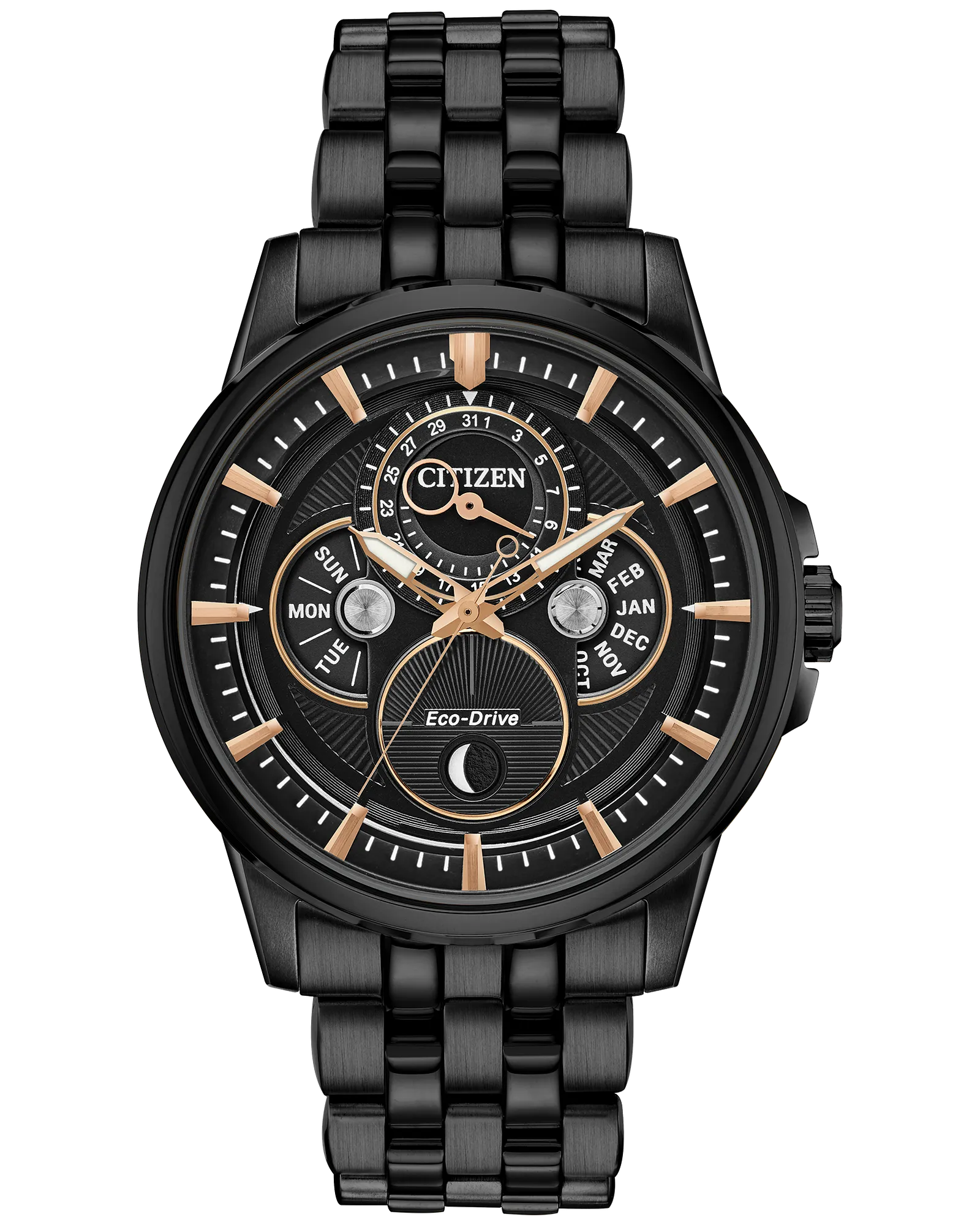 The Citizen Watch - Calendrier (BU0057-54E) is a men’s black stainless steel Eco-Drive watch with gold accents, multiple subdials for day, date, and month, bold hour markers, a textured dial center, and a black metal link band.