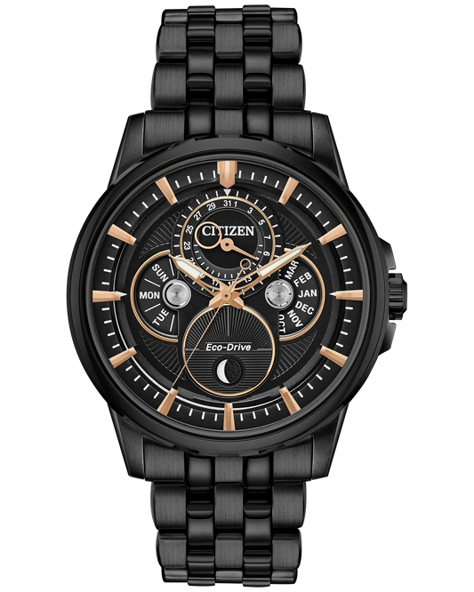 The Citizen Watch - Calendrier (BU0057-54E) is a men’s black stainless steel Eco-Drive watch with gold accents, multiple subdials for day, date, and month, bold hour markers, a textured dial center, and a black metal link band.