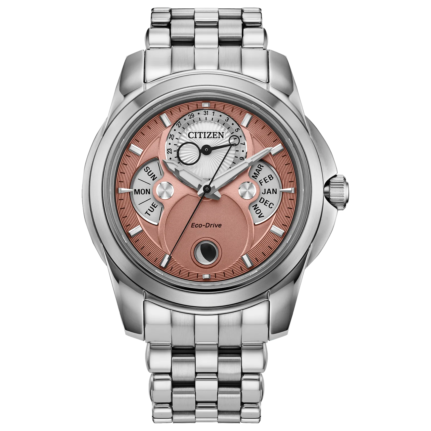 The Citizen Watch - Calendrier - BU0080-52X features a silver stainless steel case, rose gold and silver dial with day, month, and moon phase subdials, plus a matching stainless steel bracelet.