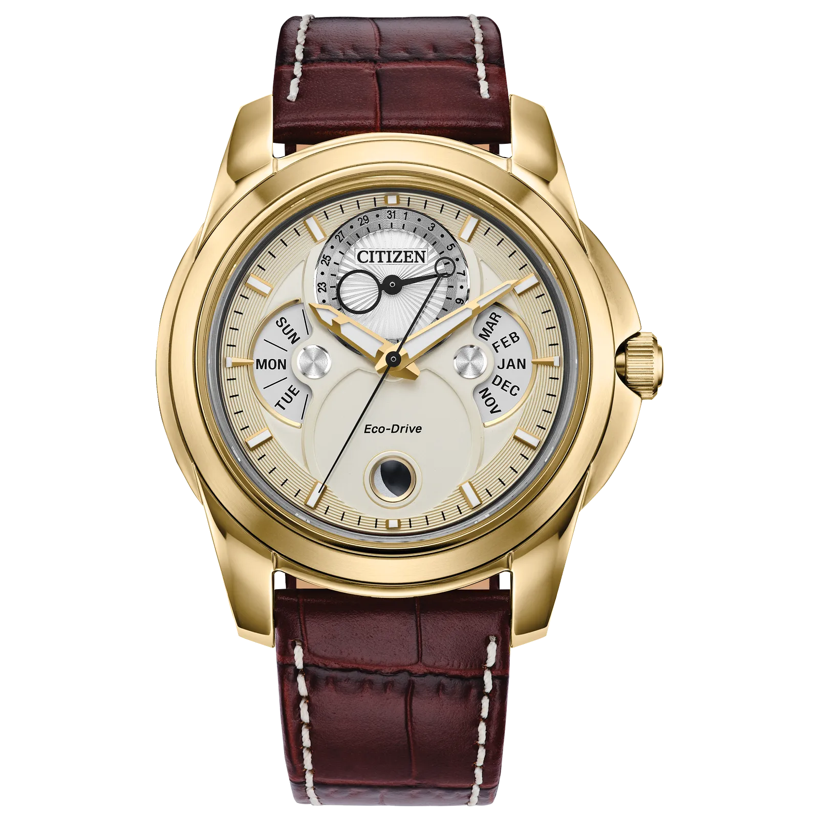 The Citizen Watch - Calendrier - BU0082-06P by Citizen pairs a gold-tone case with a brown leather strap, featuring day, date, and month subdials, luminous hands and markers, and a textured cream dial.