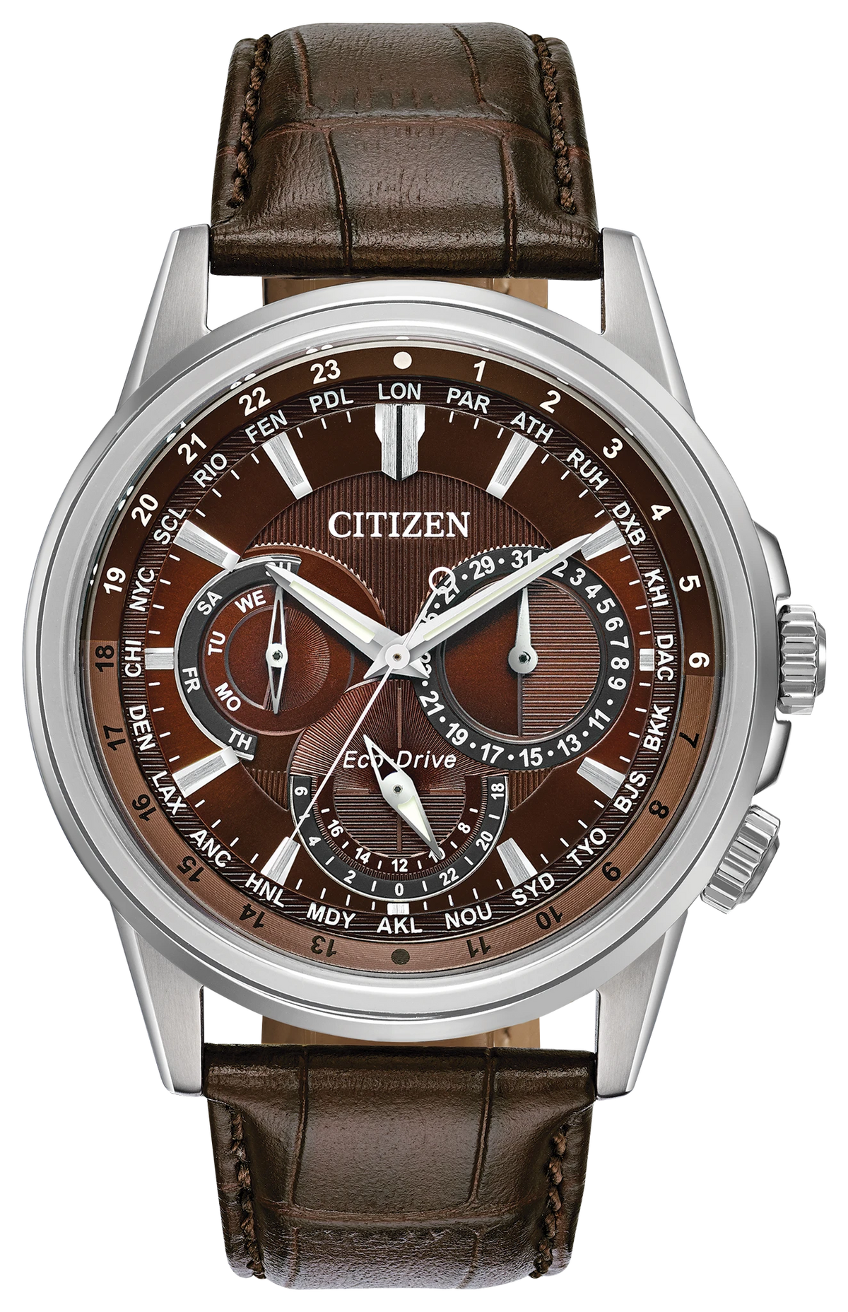 Introducing the Citizen Watch - Calendrier - BU2020-29X by Citizen, a men’s stainless steel timepiece featuring a brown dial, silver case, and a brown leather strap. This Eco-Drive watch is equipped with multiple subdials that display world time, date, and other essential functions.