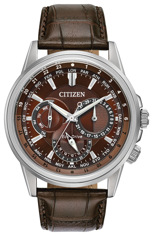 Introducing the Citizen Watch - Calendrier - BU2020-29X by Citizen, a men’s stainless steel timepiece featuring a brown dial, silver case, and a brown leather strap. This Eco-Drive watch is equipped with multiple subdials that display world time, date, and other essential functions.