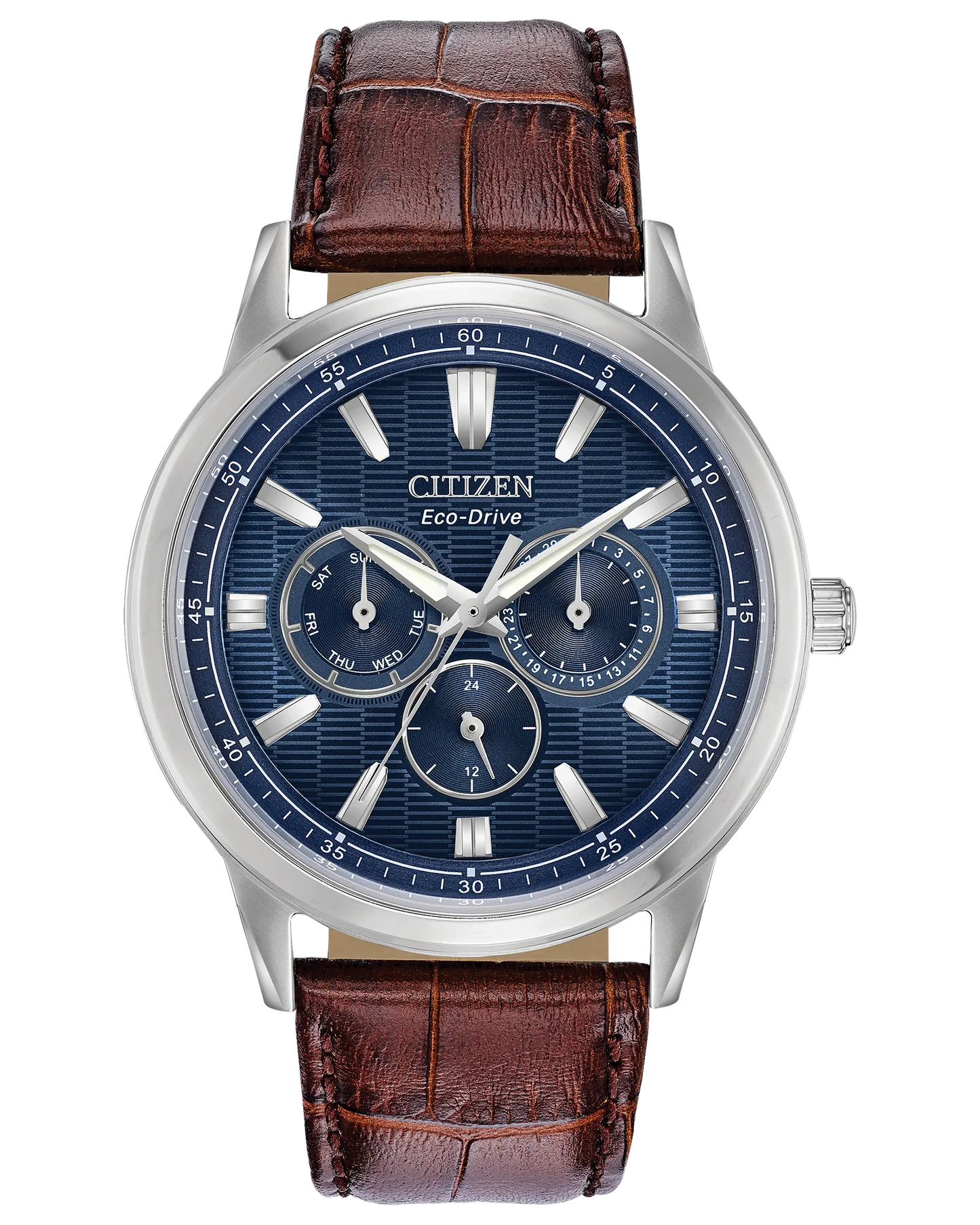 The Citizen Corso Eco-Drive BU2070-12L men's watch features a blue dial, silver markers, three subdials, and a brown crocodile-pattern leather strap.