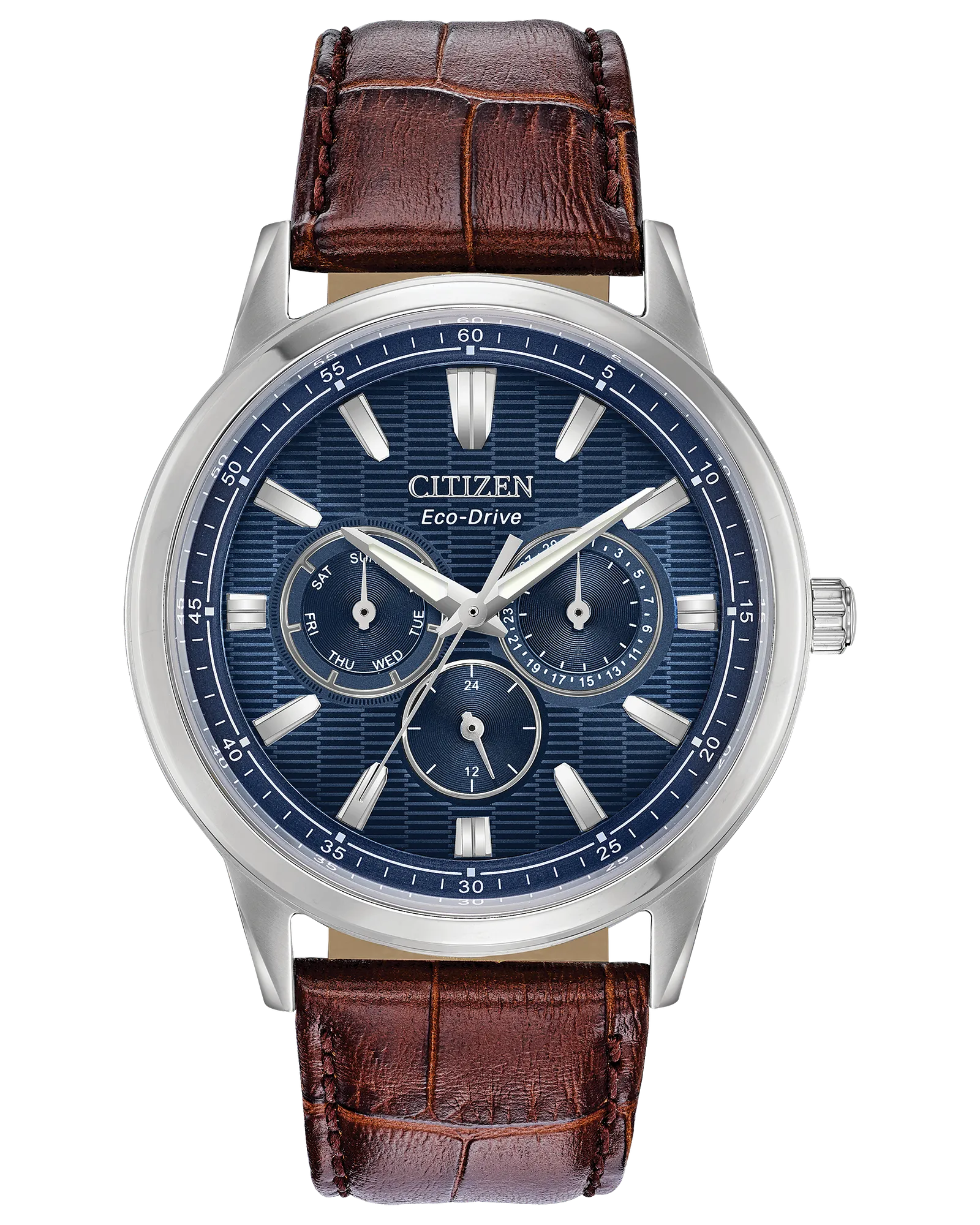 The Citizen Corso Eco-Drive BU2070-12L men's watch features a blue dial, silver markers, three subdials, and a brown crocodile-pattern leather strap.