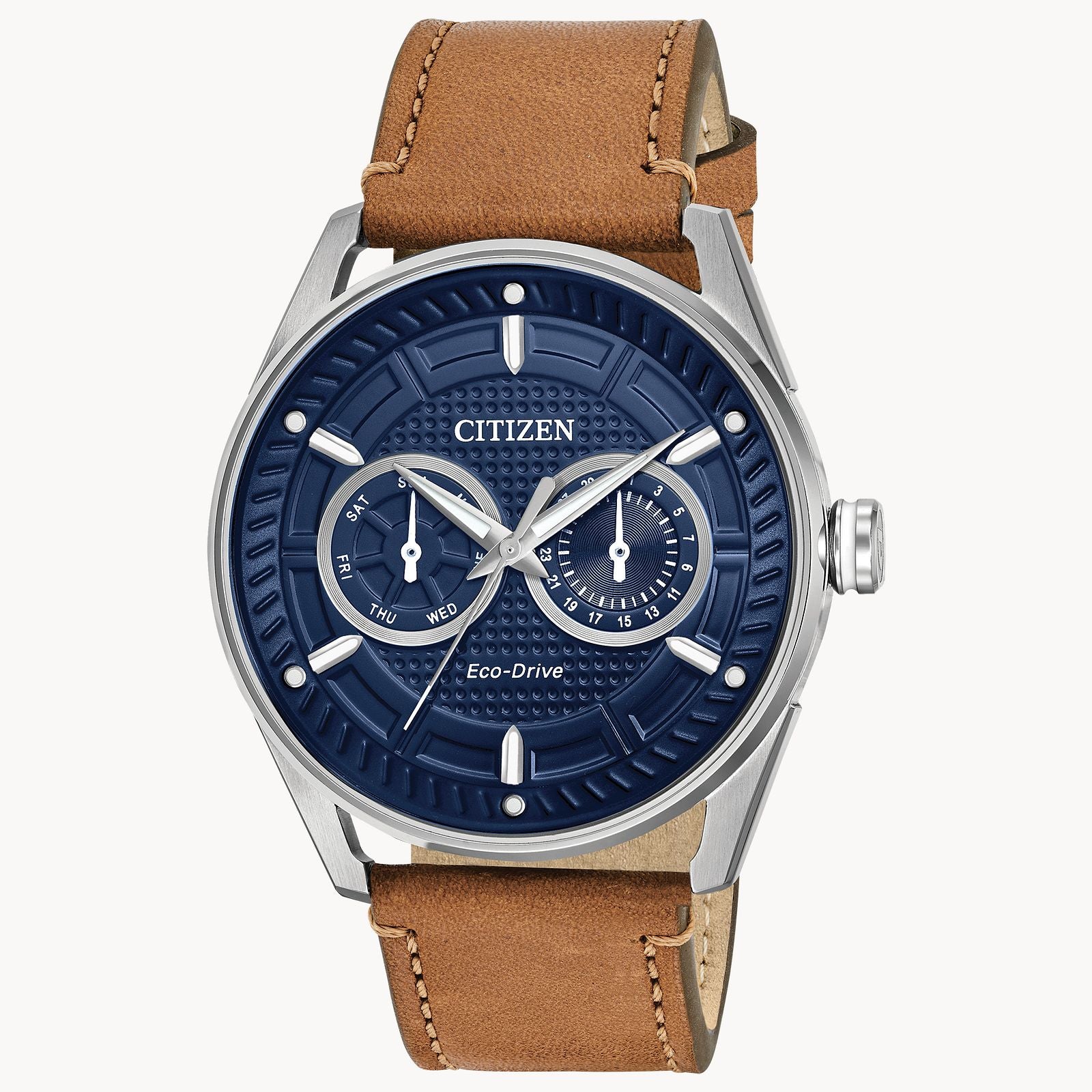 The Citizen Watch - Sport Casual - BU4020-01L features a blue dial with two subdials, silver markers and hands, a stainless steel case, brown leather strap, and displays the Citizen and Eco-Drive branding on its face.