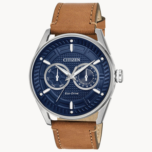 The Citizen Watch - Sport Casual - BU4020-01L features a blue dial with two subdials, silver markers and hands, a stainless steel case, brown leather strap, and displays the Citizen and Eco-Drive branding on its face.