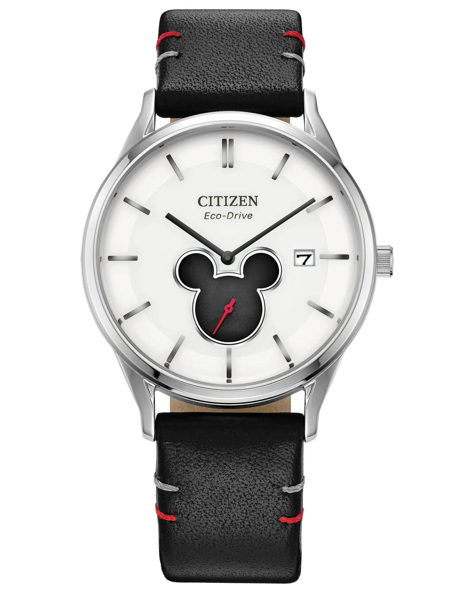 The Citizen Watch - Mickey Shadow (BV1130-03W) by Citizen is a unisex Eco-Drive watch featuring a black leather strap, white dial with black Mickey Mouse silhouette, silver hour markers, and a date display at 3 o’clock.