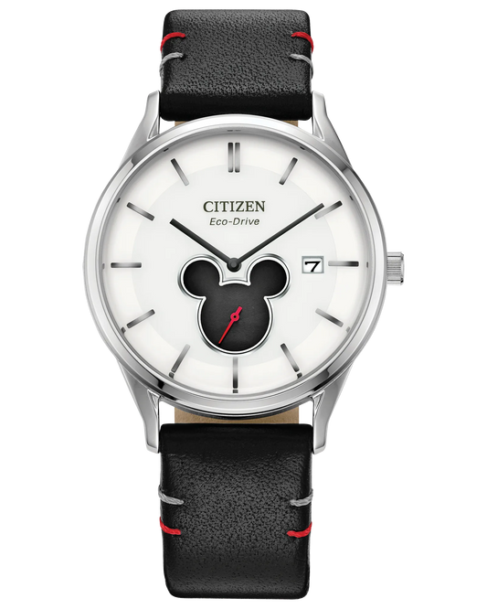 The Citizen Watch - Mickey Shadow (BV1130-03W) by Citizen is a unisex Eco-Drive watch featuring a black leather strap, white dial with black Mickey Mouse silhouette, silver hour markers, and a date display at 3 o’clock.