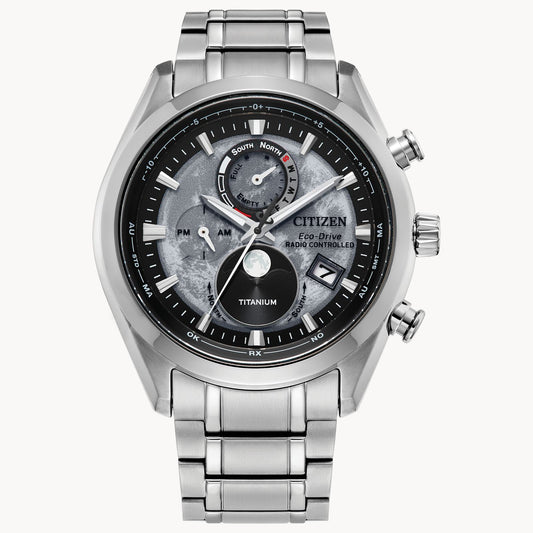 The Citizen Watch - Tsuki-yomi A-T (BY1010-57H) features atomic timekeeping, radio-controlled accuracy, a black and silver dial with date window and sub-dials, all crafted in stainless steel on a metal link band.