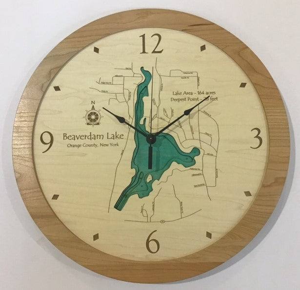 The Lake Art Lake Clock - Beaverdam Lake is a custom wooden wall clock featuring a detailed map of Beaverdam Lake, NY, with labeled area, depth, and roads. This unique New York lake clock displays the time as 3:55.