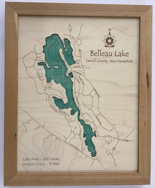 Lake Map - Belleau Lake - Laser Carved Wooden Relief Map - 11" x 14" - New Hampshire