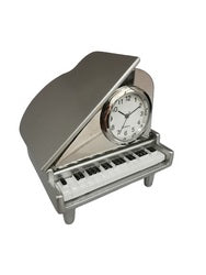 The Sanis Enterprises Sanis Mini Clock - Mini Grand Piano Silver (C3018) features a clock face at the music stand and detailed black and white piano keys below.
