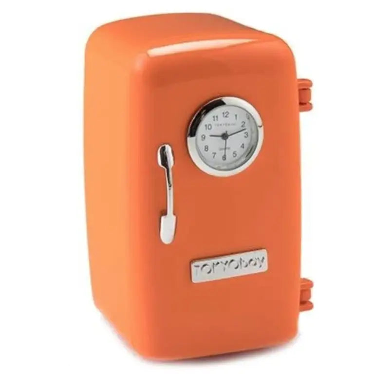 A Tokyobay Ice Box Orange mini fridge with a retro look, featuring a built-in Tokyobay Mini Clock (C3220-OG) on the door, a silver handle, and the Tokyobay name on a metallic plate below the clock.