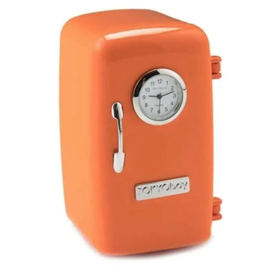 A Tokyobay Ice Box Orange mini fridge with a retro look, featuring a built-in Tokyobay Mini Clock (C3220-OG) on the door, a silver handle, and the Tokyobay name on a metallic plate below the clock.