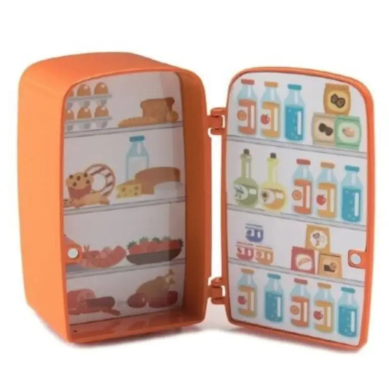 The Tokyobay Mini Clock - Ice Box Orange (C3220-OG) resembles a toy refrigerator with its door open, showing illustrated shelves stocked with drawings of food, drinks, and condiments.