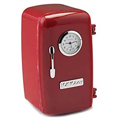The Tokyobay Mini Clock - Ice Box Red (C3220-RD) is a small red metal piggy bank shaped like a retro fridge, featuring a novelty desk clock on the door and a silver coin slot.