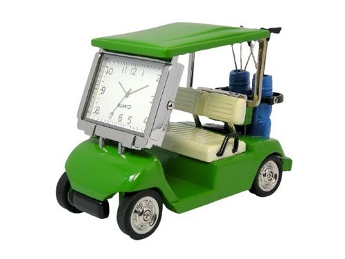 The Sanis Enterprises Sanis Mini Clock - Golf Cart Green (C3570GR) is a small green golf cart toy that features a mini clock as its windshield and two golf bags in the back.