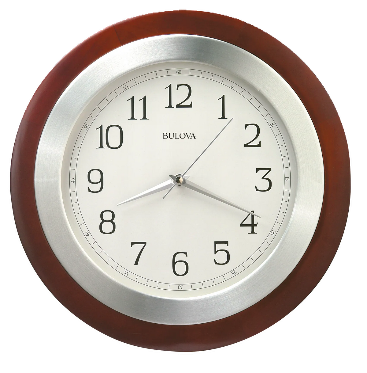 Bulova Clock - Reedham - C4228 round analog wall clock featuring a white face, black Arabic numerals, a walnut finish solid wood case, and a silver metal inner ring.