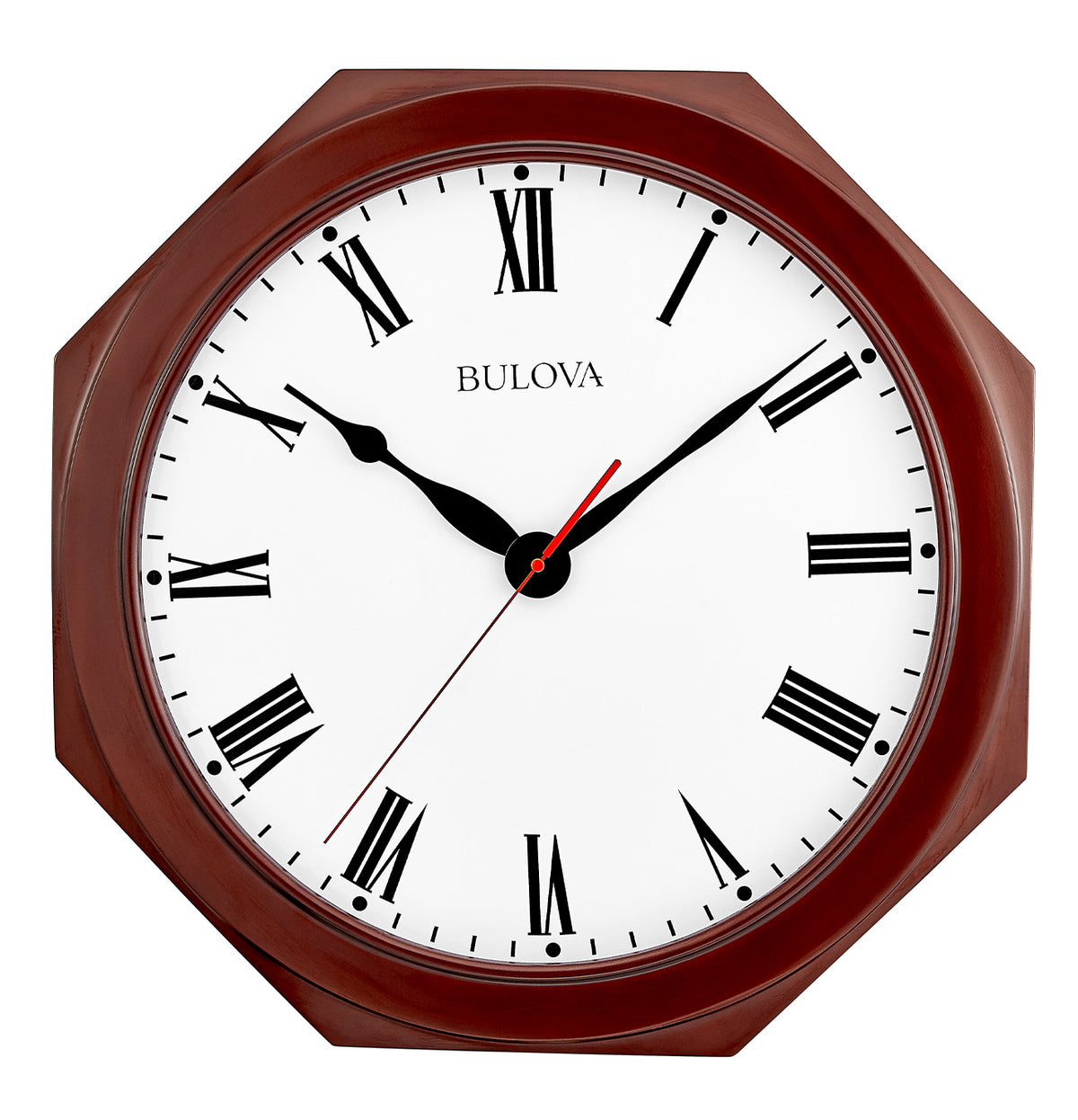 Bulova Clock - Capital - C4340 octagonal gallery clock with a dark wood frame, white face, black Roman numerals, and black hands with a red second hand.