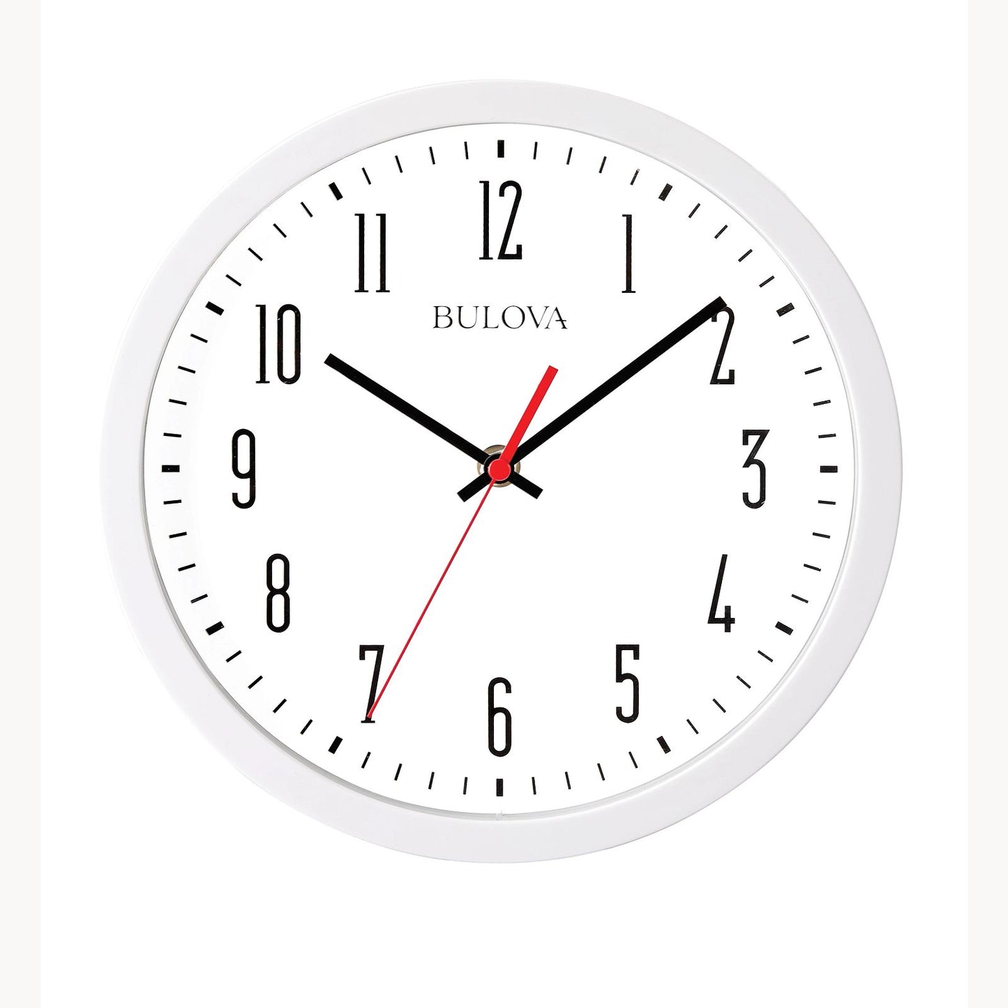 The Bulova Clock - Cubicle - C4831 features a round white frame and face, black Arabic numerals, silent sweep hands at 10:08:34, and the Bulova logo above the center—ideal for your workspace.